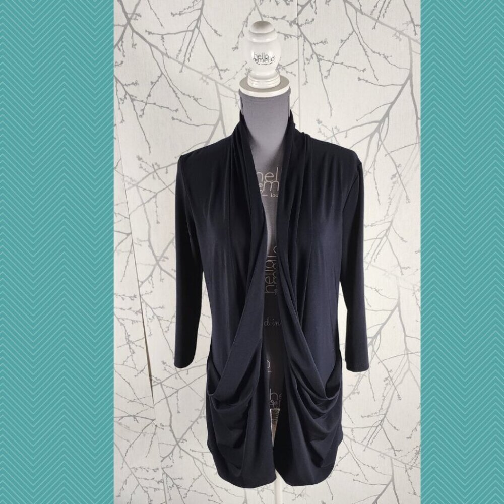 Compli K Navy Stretch Knit Ruched Pocket Open Front Cardigan